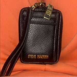 Steve Madden Black Leather Card Wristlet with Gold Accents
